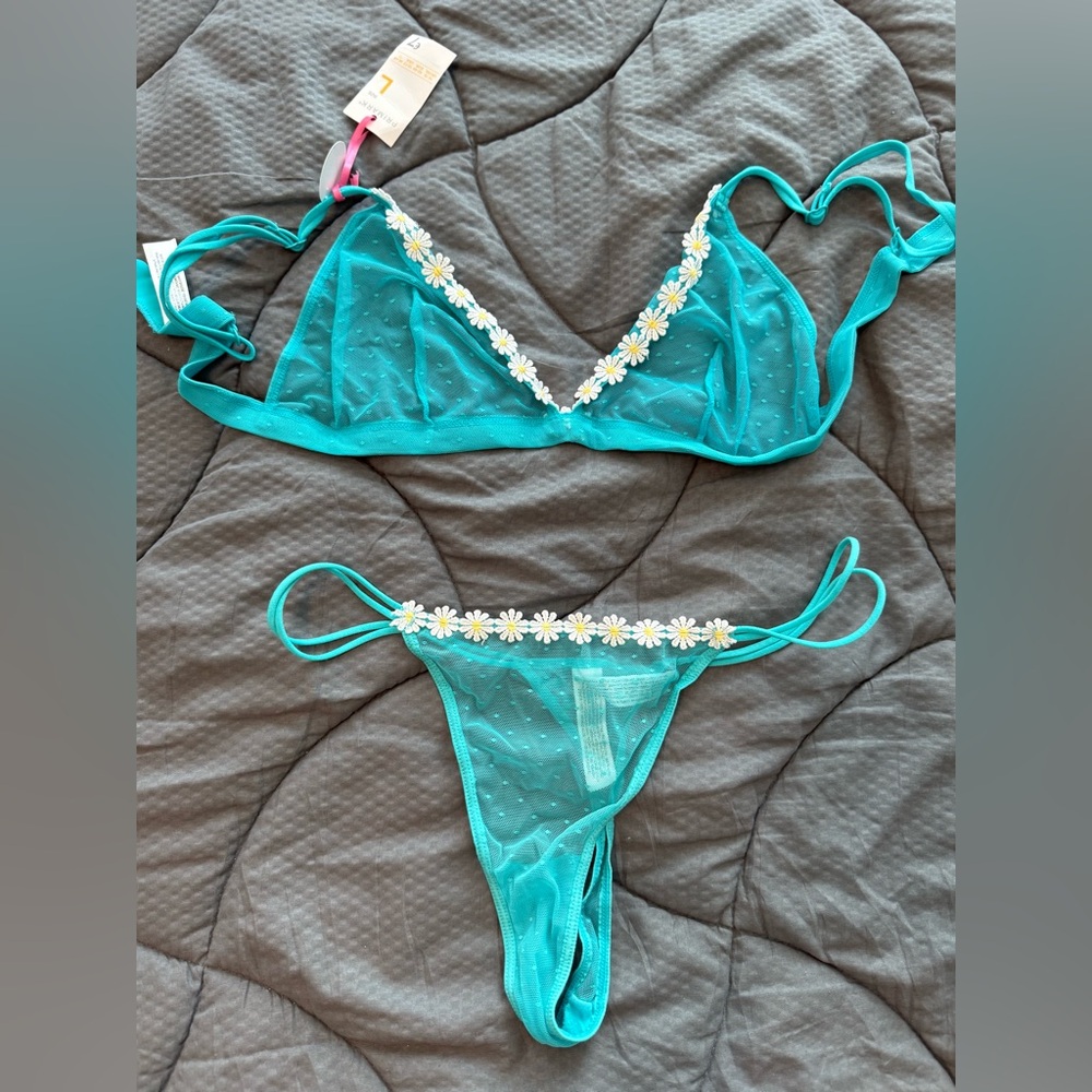 Daisy Trim Sheer Bralette & Thong Set - Teal